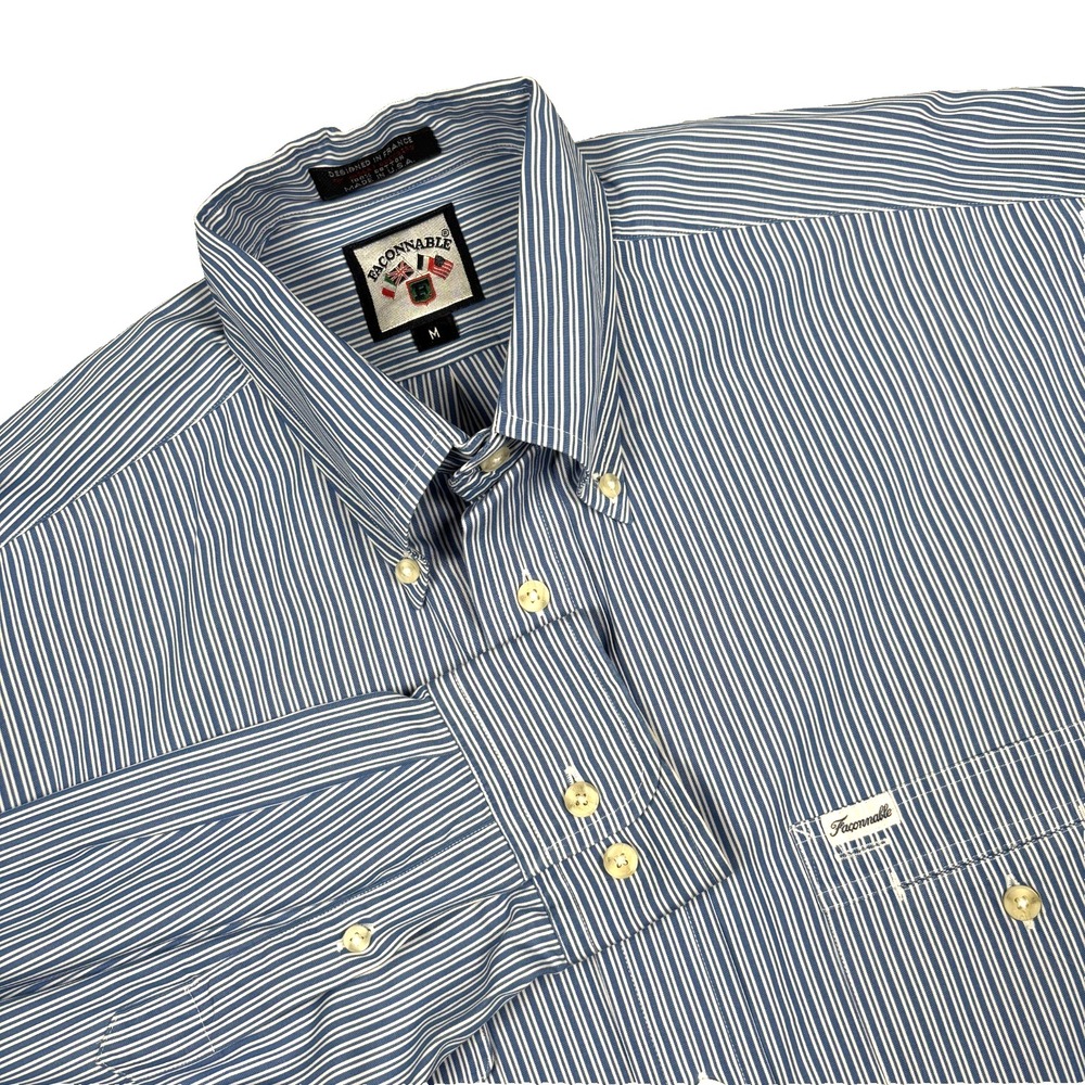 Faconnable Shirt Mens M White Blue Striped Cotton Button Down Casual Logo